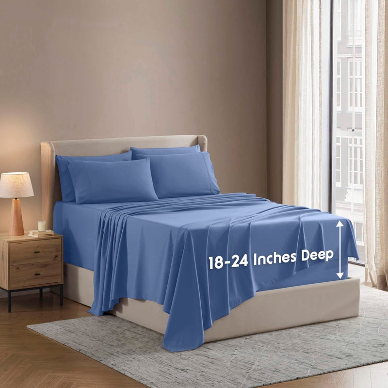 Nestl Extra Deep Cal King Sheet Set - 6 Piece Breathable & Cooling Sheets - Hotel Luxury Bedding Set w/18-24 Inch Deep Pockets - Easy & Secure Fit - Super Soft, Wrinkle Free & Comfy - Calm Blue - Image 1